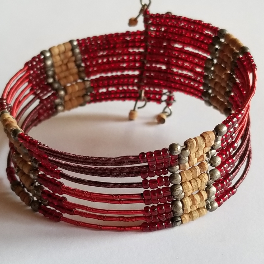 Red and tan bracelet beaded boho cuff silver tone